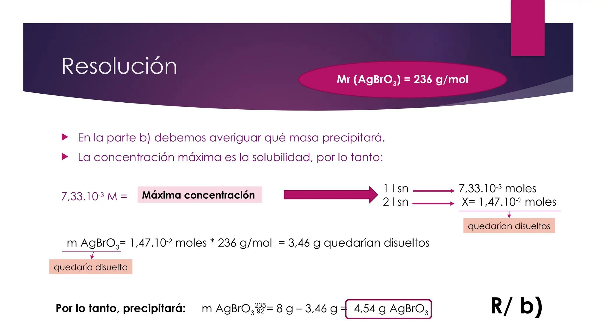  En la parte b) debemos averiguar qué masa precipitará.
 La concentración máxima es la solubilidad, por lo tanto:
7,33.10-3
M =
Resolución Mr (AgBrO3) = 236 g/mol
Máxima concentración
1 l sn 7,33.10-3
moles
2 l sn X= 1,47.10-2
moles
quedarían disueltos
m AgBrO3= 1,47.10-2
moles * 236 g/mol = 3,46 g quedarían disueltos
quedaría disuelta
Por lo tanto, precipitará: m AgBrO3= 8 g – 3,46 g = 4,54 g AgBrO3 R/ b)
 