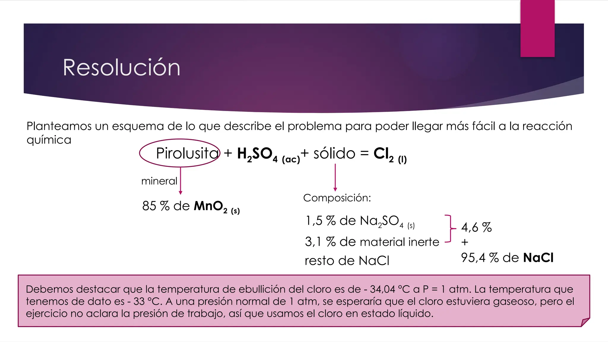 Resolución
Planteamos un esquema de lo que describe el problema para poder llegar más fácil a la reacción
química
Pirolusita + H2SO4 (ac)+ sólido = Cl2 (l)
mineral
85 % de MnO2 (s)
Composición:
1,5 % de Na2SO4 (s)
3,1 % de material inerte
resto de NaCl
4,6 %
+
95,4 % de NaCl
Debemos destacar que la temperatura de ebullición del cloro es de - 34,04 °C a P = 1 atm. La temperatura que
tenemos de dato es - 33 °C. A una presión normal de 1 atm, se esperaría que el cloro estuviera gaseoso, pero el
ejercicio no aclara la presión de trabajo, así que usamos el cloro en estado líquido.
 