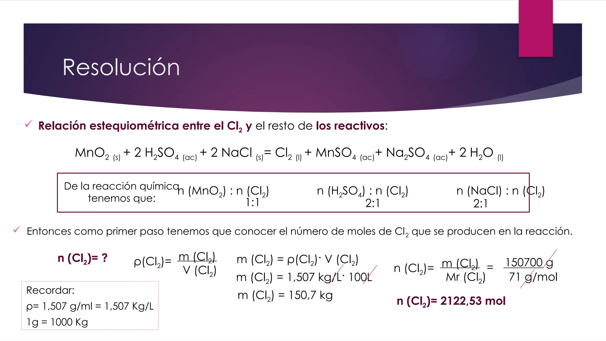 Resolución
MnO2 (s) + 2 H2SO4 (ac) + 2 NaCl (s)= Cl2 (l) + MnSO4 (ac)+ Na2SO4 (ac)+ 2 H2O (l)
 Relación estequiométrica entre el Cl2 y el resto de los reactivos:
 Entonces como primer paso tenemos que conocer el número de moles de Cl2 que se producen en la reacción.
De la reacción química
tenemos que:
n (MnO2) : n (Cl2) n (H2SO4) : n (Cl2) n (NaCl) : n (Cl2)
1:1 2:1 2:1
n (Cl2)= ?
Recordar:
ρ= 1,507 g/ml = 1,507 Kg/L
1g = 1000 Kg
ρ(Cl2)= m (Cl2)
V (Cl2)
m (Cl2) = ρ(Cl2)· V (Cl2)
m (Cl2) = 1,507 kg/L· 100L
m (Cl2) = 150,7 kg
n (Cl2)= m (Cl2)
Mr (Cl2)
150700 g
71 g/mol
n (Cl2)= 2122,53 mol
=
 