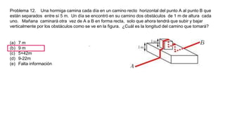 Problema 12. Una hormiga camina cada día en un camino recto horizontal del punto A al punto B que
están separados entre sí 5 m. Un día se encontró en su camino dos obstáculos de 1 m de altura cada
uno. Mañana caminará otra vez de A a B en forma recta, solo que ahora tendrá que subir y bajar
verticalmente por los obstáculos como se ve en la figura. ¿Cuál es la longitud del camino que tomará?
(a) 7 m
(b) 9 m
(c) 5+42m
(d) 9-22m
(e) Falta información
 