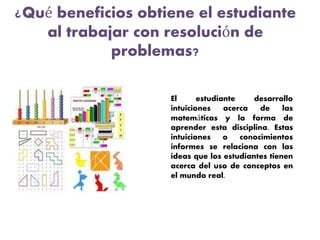 ¿Qué beneficios obtiene el estudiante
al trabajar con resolución de
problemas?
El estudiante desarrollo
intuiciones acerca de las
matemáticas y la forma de
aprender esta disciplina. Estas
intuiciones o conocimientos
informes se relaciona con las
ideas que los estudiantes tienen
acerca del uso de conceptos en
el mundo real.
 