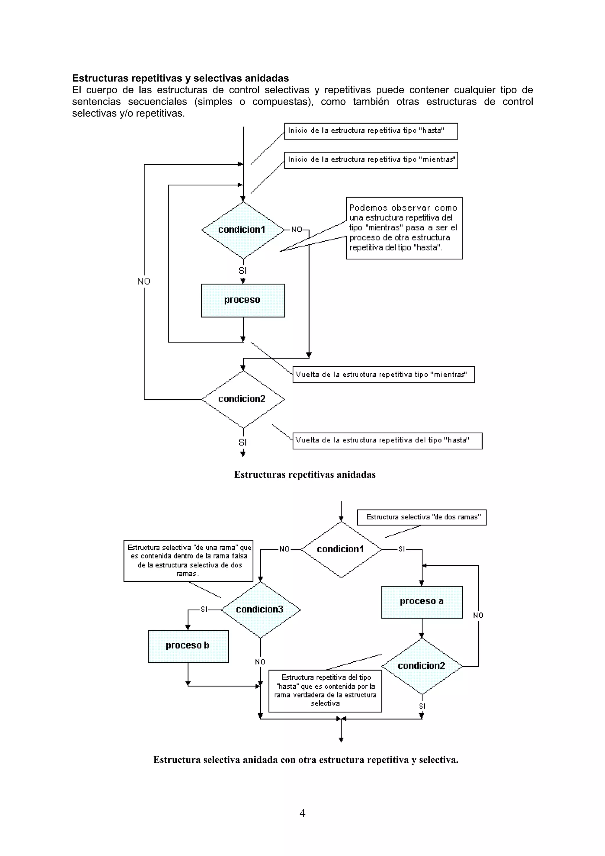 Estructuras repetitivas y selectivas anidadas
El cuerpo de las estructuras de control selectivas y repetitivas puede contener cualquier tipo de
sentencias secuenciales (simples o compuestas), como también otras estructuras de control
selectivas y/o repetitivas.




                                    Estructuras repetitivas anidadas




                 Estructura selectiva anidada con otra estructura repetitiva y selectiva.




                                                   4
 
