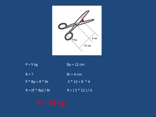 P = 5 kg  Bp = 12 cm. R = ?  Br = 4 cm. P * Bp = R * Br  5 * 12 = R  * 4 R = (P * Bp) / Br  R = ( 5 * 12 ) / 4 R = 15 kg. 