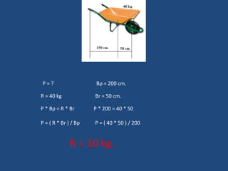 P = ?  Bp = 200 cm. R = 40 kg  Br = 50 cm. P * Bp = R * Br  P * 200 = 40 * 50 P = ( R * Br ) / Bp  P = ( 40 * 50 ) / 200  R = 10 kg. 