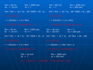 Dm = 60 cm.  Nm = 3000 rpm. dc  =  20 cm  nc = ?. Dm * Nm  =  dc * nc.  60 *3000 = 20 . nc Nc = 9000 rpm. i  = (Dm/dc) = ( nc / Nm)  i = ( 60/20) = ( 9000/3000) = 3 Dm = 50 cm.  Nm = 1000 rpm. dc  =  10 cm  nc = ?. Dm * Nm  =  dc * nc.  50 *1000 = 10 . nc Nc = 5000 rpm. i  = (Dm/dc) = ( nc / Nm)  i = ( 50/10) = ( 5000/1000) = 5 Dm = 80 mm.  Nm = 2000 rpm. dc  = ?  nc = 200 rpm. Dm * Nm  =  dc * nc.  80 *2000 = dc . 200 dc = 800 mm. i  = (Dm/dc) = ( nc / Nm)  i = ( 80/800) = ( 200/2000) = 1/10 Dm = 40 mm.  Nm = ?. Dc =  20 mm  nc = 100 rpm. Dm * Nm  =  dc * nc.  40 *Nm  = 20 . 100 Nm = 50 rpm. i  = (40/20) = ( 100 / 20) = 2 i = ( 50/10) = ( 5000/1000) = 5 Dm = 10 mm  Nm = 5000 rpm dc  =  ?  nc = 250 rpm. Dc =  200 mm.  I = (10/200) = ( 250 / 5000) = 0.05 