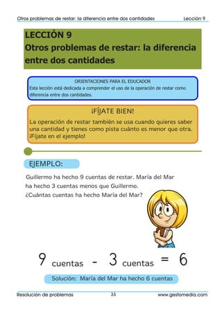 Resolución de problemas www.gesfomedia.com33
Otros problemas de restar: la diferencia entre dos cantidades Lección 9
LECCI...