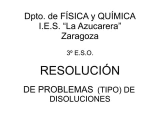 Dpto. de FÍSICA y QUÍMICA I.E.S. “La Azucarera” Zaragoza 3º E.S.O. RESOLUCIÓN DE PROBLEMAS   (TIPO) DE   DISOLUCIONES 