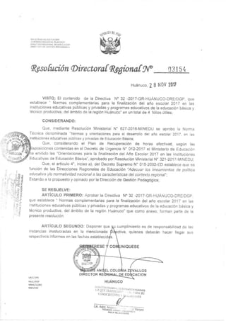 Resolución Directoral Regional Nº03154 y Directiva Nº32-2017-GR-HUÁNUCO/DRE/DGP.