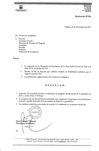 Resolución n°136   suspende actividades lectivas (01 diciembre)