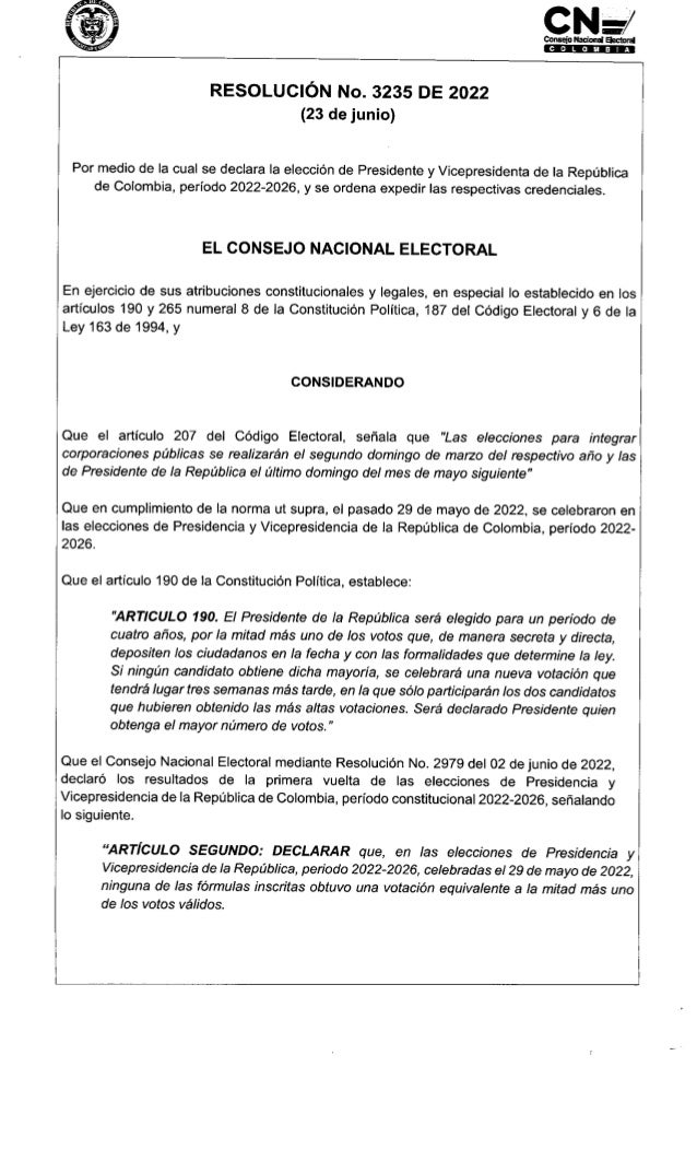 Res. No.3235 de 2022, del CNE de Colombia, Por medio de la cual se declara la elección de Presidente y Vicepresidenta de la República de Colombia, período constitucional 2022-2026