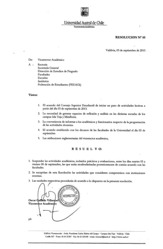 Resolución Nº85 de Vicerectoría Académica que suspende actividades académicas desde el 03 al 06 septiembre.