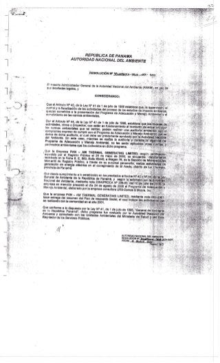 Resolución pama 001-2001 (1) Resolución que no autoriza la ampliación a planta termoeléctrica en La Chorrera
