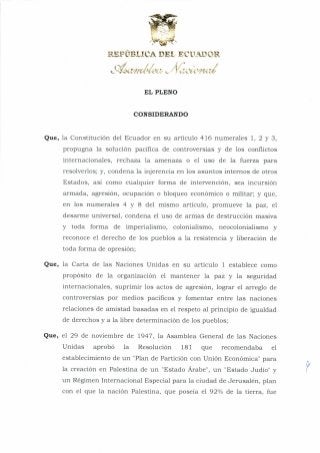 Resolución de la Asamblea Nacional del Ecuador que condena los ataques del ejército de Israel contra la población civil de Palestina.