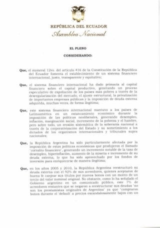 Resolución que repudia la decisión judicial que obliga a la república argentina al pago de 1.330 millones de dólares a favor de fondos de inversión especulativos (08 07-2014)
