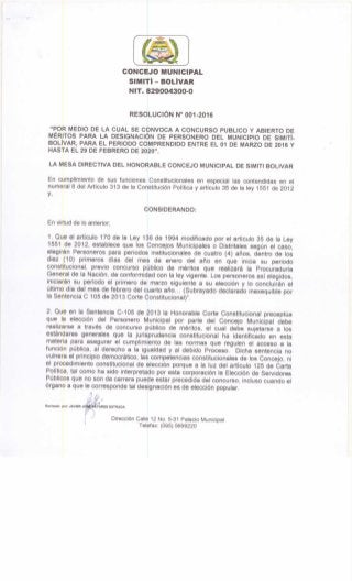 Resolucion 001 2016 CONVOCATORIA PARA LA DESIGNACION DEL PERSONERO MUNICIPAL