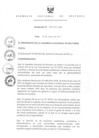 Resolución Nº 0672-2011 ANR – Nueva Comisión de Orden y Gestión en la UNAMBA