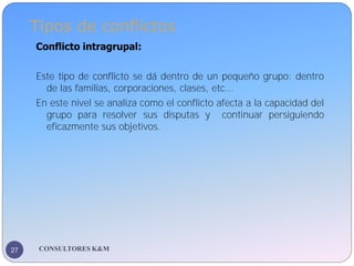 Tipos de conflictos
CONSULTORES K&M
27
Conflicto intragrupal:
Este tipo de conflicto se dá dentro de un pequeño grupo: den...