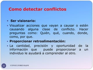 Como detectar conflictos
CONSULTORES K&M
32
 Ser visionario:
 Visualizar acciones que vayan a causar o estén
causando al...
