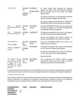 18.12. Brucelosis. APROBA
DO
CONDICI
ONADO
APROBADO
CONDICIONAD
O
En zonas donde haya brucelosis de cualquier
especie, se deben tomar precauciones especiales
para el benéfico con el fin de evitar los riesgos
ocupacionales.
Se impone el decomiso de las glándulas mamarias,
órganos genitales y ganglios seleccionados.
En caso de lesiones generalizadas se impondrá el
DECOMISO TOTAL de la canal para uso industrial.
18.13. Septicemia
hemorrágica (serotipos 6:B y
6:E).
DECOMI
SO
TOTAL
DECOMISO
TOTAL
Se hará el DECOMISO TOTAL para uso industrial de
la canal y los órganos y se informará inmediatamente
a la autoridad sanitaria competente.
18.14. Estreptotricosis
(Dermatofilus congolensis).
APROBA
DO
APROBADO Se permite la aprobación de la canal y los órganos,
se hará el decomiso de las partes afectadas.
Cuando se presenten los estados crónicos, se
impone el DECOMISO TOTAL para uso industrial.
18.15. Leptospirosis.
18.15.1. Aguda.
18.16.2. Localizada y
crónica.
DECOMI
SO
TOTAL
APROBA
DO
DECOMISO
TOTAL
APROBADO
Se hará el DECOMISO TOTAL de la canal y los
órganos para uso industrial.
El beneficio se realizará bajo condiciones espaciales
con el fin de evitar riesgos ocupacionales.
Se permite la aprobación de la canal y los órganos,
se hará el decomiso de las partes afectadas.
Rechazo del riñón.
18.17. Erisipela (mal rojo)
con eritema, o erisipela
cutánea con eritema. Artritis
o lesiones de la piel
complicadas por necrosis
con signos de efectos
sistémicos.
DECOMI
SO
TOTAL
DECOMISO
TOTAL
En la inspección ante mórtem, debido al riesgo
ocupacional, siempre que sea viable, el sacrificio
debe aplazarse hasta el final del faenado.
En caso de sospecha de presencia de una enfermedad que no sea claramente diagnosticada por inspección
macroscópica se retiene el animal o la canal y los órganos hasta tanto se obtenga el resultado de laboratorio.
19. Afecciones vesiculares y virales.
Para todas las condiciones virales: puede ser necesario el examen de laboratorio para excluir la posibilidad de
infección bacteriana o la presencia de sustancias antimicrobianas. Aplicación rigurosa de la legislación
zoosanitaria nacional, especialmente con respecto a las enfermedades de la lista A de la OIE.
ENFERMEDADES,
ESTADOS
PATOLÓGICOS O
ANOMALÍAS Y
SITUACIONES
CANAL VÍSCERAS OBSERVACIONES
 