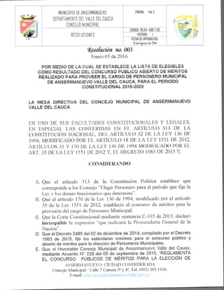Resolucion 003, Concejo Ansermanuevo Valle 2016