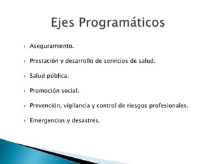  Aseguramiento. 
 Prestación y desarrollo de servicios de salud. 
 Salud pública. 
 Promoción social. 
 Prevención, vigilancia y control de riesgos profesionales. 
 Emergencias y desastres. 
 
