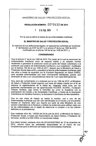 Resolución 0430 de 2013- Listado de Enfermedades Huérfanas- Raras Colombia