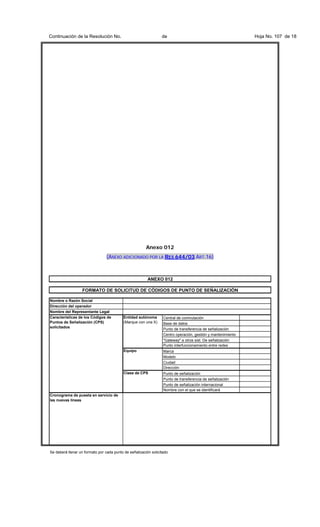 Continuación de la Resolución No.

de

Anexo 012
(ANEXO ADICIONADO POR LA RES 644/03 ART.16)

ANEXO 012
FORMATO DE SOLICITUD DE CÓDIGOS DE PUNTO DE SEÑALIZACIÓN
Nombre o Razón Social
Dirección del operador
Nombre del Representante Legal
Características de los Códigos de
Puntos de Señalización (CPS)
solicitados

Entidad autónoma
(Marque con una X)

Central de conmutación
Base de datos
Punto de transferencia de señalización
Centro operación, gestión y mantenimiento
"Gateway" a otros sist. De señalización
Punto interfuncionamiento entre redes

Equipo

Marca
Modelo
Ciudad
Dirección

Clase de CPS

Punto de señalización
Punto de transferencia de señalización
Punto de señalización internacional
Nombre con el que se identificará

Cronograma de puesta en servicio de
las nuevas líneas

Se deberá llenar un formato por cada punto de señalización solicitado

Hoja No. 107 de 18

 