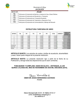 Municipio de Olaya
ALCALDÍA
100-05-09 Alcalde
Palacio Municipal Calle 10 #10 - 39. Teléfono 855 01 17
Correo: alcaldía@olaya-antioquia.gov.co
Nit: 890984161-9
TBL Tarifa para el Componente de Barrido y Limpieza de Vías y Áreas Públicas
TRT Tarifa para el Componente de Recolección y Transporte
TTE Tarifa para el Componente por Transporte Excedente
TDT Tarifa para el Componente de Tratamiento y Disposición Final
TFR Tarifa para el Componente de Comercialización y Manejo del Recaudo
ESTRUCTURA TARIFARIIA DE ASEO
ARTICULO QUINTO: Los estudios de costos y tarifas de acueducto, alcantarillado
y aseo; hacen parte integral de la presente resolución.
ARTICULO SEXTO: La presente resolución rige a partir de la fecha de su
Publicación y deroga todas las disposiciones que le sean contrarias.
PUBLIQUESE Y CUMPLASE, DADO EN OLAYA – ANTIOQUIA, A LOS
QUINCE (15) DÍAS DEL MES DE NOVIEMBRE DE DOS MIL DIECISÉIS (2016).
OBER DE JESÚS HERNÁNDEZ ACEVEDO
Alcalde
ESTRATO TBL TRT TTE TDT TFR TOTAL SUBSIDIO %
TARIFAS CON
SUBSIDIOS Y
CONTRIBUCIÓN
1 1.926 1.303 0 11.047 926 15.202 -70 4.561
2 1.926 1.303 0 11.047 926 15.202 -40 9.121
3 1.926 1.303 0 11.047 926 15.202 -15 12.922
4 1.926 1.303 0 11.047 926 15.202 0 15.202
5 1.926 1.303 0 11.047 926 15.202 +50 22.803
6 1.926 1.303 0 11.047 926 15.202 +60 24.324
Comercial 1.926 1.303 0 11.047 926 15.202 +50 22.803
Industrial 1.926 1.303 0 11.047 926 15.202 +30 19.763
Oficial 1.926 1.303 0 11.047 926 15.202 +50 22.803
 