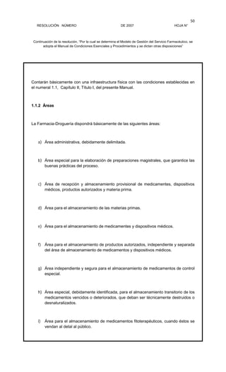 RESOLUCIÓN NÚMERO DE 2007 HOJA N°
Continuación de la resolución, “Por la cual se determina el Modelo de Gestión del Servicio Farmacéutico, se
adopta el Manual de Condiciones Esenciales y Procedimientos y se dictan otras disposiciones”
50
Contarán básicamente con una infraestructura física con las condiciones establecidas en
el numeral 1.1, Capítulo II, Título I, del presente Manual.
1.1.2 Áreas
La Farmacia-Droguería dispondrá básicamente de las siguientes áreas:
a) Área administrativa, debidamente delimitada.
b) Área especial para la elaboración de preparaciones magistrales, que garantice las
buenas prácticas del proceso.
c) Área de recepción y almacenamiento provisional de medicamentes, dispositivos
médicos, productos autorizados y materia prima.
d) Área para el almacenamiento de las materias primas.
e) Área para el almacenamiento de medicamentes y dispositivos médicos.
f) Área para el almacenamiento de productos autorizados, independiente y separada
del área de almacenamiento de medicamentos y dispositivos médicos.
g) Área independiente y segura para el almacenamiento de medicamentos de control
especial.
h) Área especial, debidamente identificada, para el almacenamiento transitorio de los
medicamentos vencidos o deteriorados, que deban ser técnicamente destruidos o
desnaturalizados.
i) Área para el almacenamiento de medicamentos fitoterapéuticos, cuando éstos se
vendan al detal al público.
 