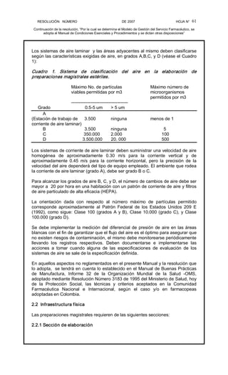 RESOLUCIÓN   NÚMERO                                                DE 2007                                            HOJA N° 
Continuación de la resolución, “Por la cual se determina el Modelo de Gestión del Servicio Farmacéutico, se 
adopta el Manual de Condiciones Esenciales y Procedimientos y se dictan otras disposiciones” 
61 
Los sistemas de aire laminar  y las áreas adyacentes al mismo deben clasificarse 
según las características exigidas de aire, en grados A,B,C, y D (véase el Cuadro 
1): 
Cuadro  1.  Sistema  de  clasificación  del  aire  en  la  elaboración  de 
preparaciones magistrales estériles. 
Máximo No. de partículas  Máximo número de 
viables permitidas por m3  microorganismos 
permitidos por m3 
­­­­­­­­­­­­­­­­­­­­­­­­­­­­­­­­­­­­­­ 
Grado  0.5­5 um  > 5 um 
A 
(Estación de trabajo de  3.500  ninguna  menos de 1 
corriente de aire laminar) 
B  3.500  ninguna  5 
C  350.000  2.000  100 
D  3.500.000       20. 000  500 
Los sistemas de corriente de aire laminar deben suministrar una velocidad de aire 
homogénea  de  aproximadamente  0.30  m/s  para  la  corriente  vertical  y  de 
aproximadamente  0.45  m/s  para  la  corriente  horizontal,  pero  la  precisión  de  la 
velocidad del aire dependerá del tipo de equipo empleado. El ambiente que rodea 
la corriente de aire laminar (grado A), debe ser grado B o C. 
Para alcanzar los grados de aire B, C, y D, el número de cambios de aire debe ser 
mayor a  20 por hora en una habitación con un patrón de corriente de aire y filtros 
de aire particulado de alta eficacia (HEPA). 
La  orientación  dada  con  respecto  al  número  máximo  de  partículas  permitido 
corresponde  aproximadamente  al  Patrón  Federal  de  los  Estados  Unidos  209  E 
(1992), como sigue: Clase 100 (grados A y B), Clase 10.000 (grado C), y Clase 
100.000 (grado D). 
Se debe implementar la medición del diferencial de presión de aire en las áreas 
blancas con el fin de garantizar que el flujo del aire es el óptimo para asegurar que 
no existen riesgos de contaminación, el mismo debe monitorearse periódicamente 
llevando  los  registros  respectivos.  Deben  documentarse  e  implementarse  las 
acciones  a  tomar  cuando  alguna  de  las  especificaciones  de  evaluación  de  los 
sistemas de aire se sale de la especificación definida. 
En aquellos aspectos no reglamentados en el presente Manual y la resolución que 
lo adopta,  se tendrá en cuenta lo establecido en el Manual de Buenas Prácticas 
de  Manufactura,  Informe  32  de  la  Organización  Mundial  de  la  Salud  ­OMS, 
adoptado mediante Resolución Número 3183 de 1995 del Ministerio de Salud, hoy 
de  la  Protección  Social,  las  técnicas  y  criterios  aceptados  en  la  Comunidad 
Farmacéutica  Nacional  e  Internacional,  según  el  caso  y/o  en  farmacopeas 
adoptadas en Colombia. 
2.2  Infraestructura física 
Las preparaciones magistrales requieren de las siguientes secciones: 
2.2.1 Sección de elaboración
 