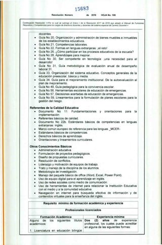 15683
Resolución Número de 2016 HOJA No. 100
Continuación Resolución «Por la cual se subroga el Anexo I de la Resolución 9317 de 2016 que adoptó el Manual de Funciones,
Requisitos y Competencias para los cargos de directivos docentes y docentes del sistema especial de Carrera Docente»
docentes.
• Guía No 20, Organización y administración de bienes muebles e inmuebles
de los establecimientos educativos.
• Guía No 21. Competencias laborales.
• Guía No 22, Formas en lenguas extranjeras: ¡el reto!
• Guía No 26, ¿Cómo participar en los procesos educativos de la escuela?
• Guía No 28. Aprendizajes para mejorar.
• Guía No 30. Ser competente en tecnología: ¡una necesidad para el
desarrollo!
• Guía No 31. Guía metodológica de evaluación anual de desempeño
laboral.31,
• Guía 33. Organización del sistema educativo. Conceptos generales de la
educación preescolar. básica y media.
• Guía 34, Guía para el mejoramiento institucional. De la autoevaluación al
plan de mejoramiento.
• Guía No 49, Guía pedagógica para la convivencia escolar.
• Guía No 56. Herramientas escolares de educación de emergencias.
• Guía No 57, Decisiones acertadas de educación de emergencias.
• Guía No 59. Lineamientos para la formulación de planes escolares para la
gestión del riesgo.
Referentes de la Calidad Educativa
• Documento No 11. Fundamentaciones y orientaciones para la
implementación
• Referentes básicos de calidad.
• Documento No 22b. Estándares básicos de competencias en lenguas
extranjeras: inglés.
• Marco común europeo de referencia para las lenguas _MCER-
• Estándares básicos de competencias.
• Derechos básicos de aprendizaje.
• Orientaciones y lineamientos curriculares.
Otros Conocimientos Básicos
• Administración educativa.
• Formulación de proyectos pedagógicos.
• Diseño de propuestas curriculares.
• Resolución de conflictos.
• Liderazgo y motivación de equipos de trabajo.
• Trato y manejo de la disciplina de los alumnos.
• Metodología de investigación.
• Manejo del paquete básico de office (Word, Excel, Power Point).
• Uso de equipo digital para el aprendizaje en inglés.
• Uso de redes sociales como medio de comunicación_
• Uso de herramientas de internet para relacionar la Institución Educativa
con el medio y a la comunidad educativa.
• Navegación en internet para búsqueda efectiva de información y de
contenidos virtuales para la enseñanza del inglés.
Requisito mínimo de formación académica y experiencia
Profesionales licenciados
Formación Académica Experiencia mínima
Alguno de los siguientes títulos
académicos:
Dos (2) años de experiencia
profesional. los cuales puede acreditar
en alguna de las siguientes formas:
1. Licenciatura en educación bilingüe
 