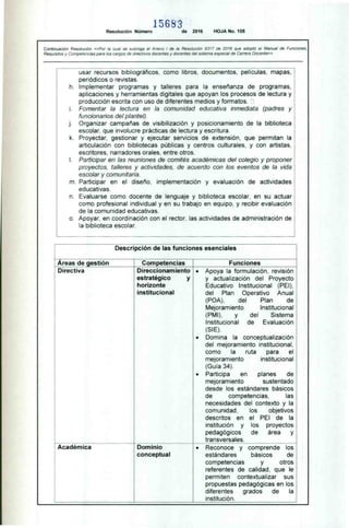 15683
Resolución Número de 2016 HOJA No. 105
Continuación Resolución «Por la cual se subroga el Anexo I de la Resolución 9317 de 2016 que adoptó el Manual de Funciones
Requisitos y Competencias para los cargos de directivos docentes y docentes del sistema especial de Carrera Docente»
. — — .
usar recursos bibliográficos, como libros, documentos, peliculas mapas,
periódicos o revistas.
h. Implementar programas y talleres para la enseñanza de programas,
aplicaciones y herramientas digitales que apoyan los procesos de lectura y
producción escrita con uso de diferentes medios y formatos.
Fomentar la lectura en la comunidad educativa inmediata (padres y
funcionarios del plantel).
Organizar campañas de visibilización y posicionamiento de la biblioteca
escolar. que involucre prácticas de lectura y escritura.
k. Proyectar, gestionar y ejecutar servicios de extensión. que permitan la
articulación con bibliotecas públicas y centros culturales. y con artistas,
escritores. narradores orales. entre otros.
I. Participar en las reuniones de comités académicas del colegio y proponer
proyectos. talleres y actividades, de acuerdo C017 los eventos de la vida
escolar y comunitaria,
m Participar en el diseño. implementación y evaluación de actividades
educativas
n. Evaluarse como docente de lenguaje y biblioteca escolar. en su actuar
como profesional individual y en su trabajo en equipo. y recibir evaluación
de la comunidad educativas.
o. Apoyar. en coordinación con el rector. las actividades de administración de
la biblioteca escolar.
Descripción de las funciones esenciales
Areas de gestión Competencias
Académica Dominio
conceptual
Funciones
Apoya la formulación, revisión
y actualización del Proyecto
Educativo Institucional (PEI),
del Plan Operativo Anual
(POA). del Plan de
Mejoramiento Institucional
(PMI), y del Sistema
Institucional de Evaluación
(SIE).
Domina la conceptualización
del mejoramiento institucional,
como la ruta para el
mejoramiento institucional
(Guía 34).
Participa en planes de
mejoramiento sustentado
desde los estándares básicos
de competencias. las
necesidades del contexto y la
comunidad. los objetivos
descritos en el PEI de la
institución y los proyectos
pedagógicos de área y
transversales.
Reconoceycomprendelos
estándares básicos de
competencias y otros
referentes de calidad, que le
permiten contextualizar sus
propuestas pedagógicas en los
diferentes grados de la
institución.
Directiva Direccionamiento
estratégico y
horizonte
institucional
 