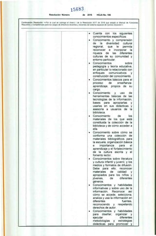 1.56 83
Resolución Número de 2016 HOJA No. 106
Continuación Resolución «Por la cual se subroga el Anexo 1 de la Resolución 9317 de 2016 que adoptó el Manual de Funciones,
Requisitos y Competencias para los cargos de directivos docentes y docentes del sistema especial de Carrera Docente»
• Cuenta con los siguientes
conocimientos específicos:
• Conocimiento y comprensión
de la diversidad cultural
regional, que le permita
reconocer e incorporar la
riqueza de las diferentes
culturas de su comunidad y
entorno particular.
• Conocimientos sobre
pedagogía y teoría educativa,
en particular lo relacionado con
enfoques comunicativos y
construcción del conocimiento.
• Conocimientos básicos para el
proceso de enseñanza-
aprendizaje. propios de su
cargo.
• Conocimiento y uso de
herramientas básicas de las
tecnologías de la información,
bases para apropiarlas y
usarlas en sus didácticas y
asesoría a usuarios de la
biblioteca.
• Conocimiento de los
materiales de los que está
constituida la colección de la
biblioteca y de cómo acceder a
ella.
• Conocimiento sobre cómo se
conforma una colección de
materiales bibliográficos para
la escuela. organización básica
e importancia para el
aprendizaje y el fortalecimiento
de la cultura escrita y el
fomento lector.
• Conocimientos sobre literatura
y cultura infantil y juvenil, y los
medios y formatos de difusión.
Debe para ello. reconocer
materiales de calidad y
apropiados para los niños y
jóvenes. de diferentes
géneros.
• Conocimientos y habilidades
informativas y sobre uso de la
información. Reconoce así
cómo se accede, selecciona,
analiza y usa la información en
diferentes fuentes,
reconociendo y respetando
derechos de autor,
• Conocimientos y habilidades
para diseñar. organizar y
ejecutar diferentes
metodologías y estrategias
didácticas para promover y
 