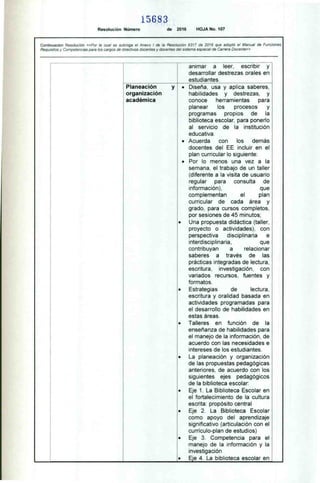 Planeación
organización
académica
Y
15683
Resolución Número de 2016 HOJA No. 107
Continuación Resolución «Por la cual se subroga e! Anexo I de la Resolución 9317 de 2016 que adoptó e! Manual de Funciones,
Requisitos y Competencias para los cargos de directivos docentes y docentes del sistema especial de Carrera Docente»
animar a leer. escribir y
desarrollar destrezas orales en
estudiantes.
• Diseña, usa y aplica saberes,
habilidades y destrezas, y
conoce herramientas para
planear los procesos y
programas propios de la
biblioteca escolar. para ponerlo
al servicio de la institución
educativa.
• Acuerda con los demás
docentes del EE incluir en el
plan curricular lo siguiente:
• Por lo menos una vez a la
semana. el trabajo de un taller
(diferente a la visita de usuario
regular para consulta de
información). que
complementan el plan
curricular de cada área y
grado, para cursos completos,
por sesiones de 45 minutos:
Una propuesta didáctica (taller,
proyecto o actividades). con
perspectiva disciplinaria e
interdisciplinaria, que
contribuyan a relacionar
saberes a través de las
prácticas integradas de lectura,
escritura, investigación, con
variados recursos, fuentes y
formatos.
Estrategias de lectura,
escritura y oralidad basada en
actividades programadas para
el desarrollo de habilidades en
estas áreas.
Talleres en función de la
enseñanza de habilidades para
el manejo de la información, de
acuerdo con las necesidades e
intereses de los estudiantes.
La planeación y organización
de las propuestas pedagógicas
anteriores. de acuerdo con los
siguientes ejes pedagógicos
de la biblioteca escolar:
Eje 1. La Biblioteca Escolar en
el fortalecimiento de la cultura
escrita: propósito central
Eje 2. La Biblioteca Escolar
como apoyo del aprendizaje
significativo (articulación con el
currículo-plan de estudios)
Eje 3. Competencia para el
manejo de la información y la
investigación
Eje 4. La biblioteca escolar en
 