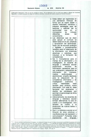 15683
Resolución Número de 2016 HOJA No. 109
Continuación Resolución «Por la cual se subroga el Anexo I de la Resolución 9317 de 2016 que adoptó el Manual de Funciones
Requisitos y Competencias para los cargos de directivos docentes y docentes del sistema especial de Cenara Docente»
• Estas deben ser registradas en
una planeación mensual. de
forma que se logren alistar o
diseñar materiales. identificar y
preparar estrategias para las
sesiones y además dar la
oportunidad que en el
cronograma se incluyan
diferentes áreas del
conocimiento.
• Las didácticas que se elijan
para apoyar el currículo se
deben basar en el uso, prácticas
y apropiación del aprendizaje,
hacer uso de recursos análogos
y digitales y procedimientos
variados para el tratamiento de
la información. con dinámicas
atractivas y prácticas. que
induzcan a la formación de
competencias.
• Eje 3. Competencia para el
manejo de la información y la
investigación. El docente de
lenguaje y biblioteca escolar
proporciona recursos de
información necesarios para el
uso. evaluación y adquisición de
información (en impresos,
medios audiovisuales y
electrónicos), enseña destrezas
para la adquisición de la
competencia informativa y de
investigación autónoma y
base
crítica, habilidades
también para producir nueva
información. Con este fin. debe
favorecer los escenarios y
diseñar las estrategias que
permitan el aprendizaje de dicha
competencia.
• Adicionalmente. los docentes de
lenguaje y biblioteca escolar
brindan alternativas no solo en
cuanto a la investigación, sino
también en cuanto a la
producción de nuevos textos o
contenidos.
• Eje 4. La biblioteca escolar en el
fomento de otras prácticas y
manifestaciones de expresión y
comunicación13. Fomentar otras
expresiones del lenguaje,
SOT1 las múltiples manifestaciones del lenguaje, y no solamente la lengua, las que le brindan a las personas la posibilidad de apropiarse del entorno
e intervenir sobre la realidad social de formas muy ricas, diversas y complejas. (... ). La capacidad del lenguaje posibilita la conforrnación de sistemas
simbólicos para que el individuo formalice sus conceptualizaciones. Estos sistetnas tienen que ver con lo verbal (lengua castellana, para este caso) y lo no
serbal (gestualidad, cine, video, radio comunitaria, graffili, música, pintura, escultura, arquitectura, entre muchas otras opciones), sistemas estos que se
pueden y deben abordar y trabajar en el ámbito escolar, si se quiere en realidad hablar de una formación en lenguaje (...)" Tomado de: Ministerio (1,..
l'Aucación Nacional, "Estándares Básicos de Competencias del Lenguaje." Bogotá, 2006, pág. 20.
 
