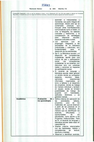 1 r:". e
Y-0 O j
Resolución Número de 2016 HOJA No. 110
Continuación Resolución «Por la cual se subroga el Anexo / de la Resolución 9317 de 2016 que adoptó el Manual de Funciones
Requisitos y Competencias para los cargos de directivos docentes y docentes del sistema especial de Carrera Docente»
aprender a interpretarlas y
recrearlas, son parte integral del
aprendizaje. Desde este eje se
contemplan prácticas que
incluyan otras manifestaciones
comunicativas como el teatro, el
cine. la fotografía, los saberes
culturales y tradiciones. y la
consideración de estrategias
para relacionar escuela-
espacios culturales-ciudad.
• Los ejercicios que se
propongan, integrados a las
actividades de la biblioteca
(individuales y colectivas). son
fundamentales para el
desarrollo de los estudiantes.
• Eje 5. La Biblioteca escolar y el
desarrollo de competencias
ciudadanas. aporte para una
cultura de paz y participación
social. Las competencias
ciudadanas no se enseñan con
discursos sino con prácticas
reales y acciones en espacios
de participación social.
• El docente de lenguaje y
biblioteca escolar debe generar
un ámbito donde se comparten
espacios. recursos. ideas.
opiniones, experiencias
informales, organizadas en
torno a talleres o al desarrollo
de proyectos, donde se trabaja
de manera individual y también
en equipo, donde se brindan
posibilidades de trabajo de
acuerdo con habilidades.
aptitudes, destrezas y se
aeneran nuevas.
• Define criterios de valoración de
las actividades. talleres,
proyectos, usos de los
materiales, etc. que se observan
a partir de las prácticas en el
espacio de la biblioteca, de
manera que se identifiquen los
avances. dificultades y
oportunidades de los
estudiantes. como aporte a los
Proyectos Institucionales. Para
tal fin. el docente de lenguaje y
biblioteca escolar debe estar en
capacidad de:
• Diseñar criterios relacionados
con las habilidades, hábitos y
competencias de lectura,
escritura y oralidad.
• Observar e identificar avances,
Académica rvaluacion de
los aprendizajes
 