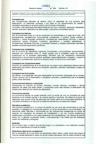 1 5 6 8
Resolución Número de 2016 HOJA No. 119
Continuación Resolución «Por la cual se subroga el Anexo 1 de la Resolución 9317 de 2016 que adoptó el Manual de Funciones.
Requisitos y Competencias para los cargos de directivos docentes y docentes del sistema especial de Carrera Docente»
Competencias
Las competencias laborales se definen como la capacidad de una persona para
desempeñar. en diferentes contextos y con base en los requerimientos de calidad y
resultados esperados en el sector público, las funciones inherentes a
un empleo: esta capacidad está determinada por los cono- cimientos. destrezas. habilidades.
valores. actitudes y aptitudes que debe poseer y demostrar el empleado público.
Competencias básicas
Son el fundamento sobre el cual se construyen los aprendizajes a lo largo de la vida. Son
principalmente competencias comunicativas (comprender y producir textos escritos y
hablados y utilizar lenguajes simbólicos), competencias matemáticas (formular y resolver
problemas usando conceptos numéricos. geométricos y medidas estadísticas). y
competencias científicas (formular y comprobar hipótesis y modelar situaciones naturales y
sociales utilizando argumentos científicos).
Competencias ciudadanas
Son el conjunto de habilidades cognitivas. emocionales y comunicativas, conocimientos y
actitudes que, articulados entre sí. hacen posible que el ciudadano actúe de manera
constructiva en la sociedad democrática. Permiten que los ciudadanos contribuyan
activamente a la convivencia pacífica. participen responsablemente y respeten y valoren la
pluralidad y las diferencias. tanto en su entorno cerca- no como en su comunidad.
Competencias comportamentales
Conjunto de características de la conducta que se exigen como estándares básicos para el
desempeño del empleo, atiende a la motivación, aptitudes. actitudes, habilidades y rasgos de
personalidad.
Competencias funcionales
Se refieren a la capacidad real para desempeñar las funciones individuales de un empleo.
Tienen relación con el desempeño o resultados concretos y predefinidos que el empleado
público debe demostrar.
Conocimientos básicos o esenciales
Comprenden el conjunto de teorías, principios. normas. técnicas. conceptos y demás
aspectos del saber que debe poseer y comprender quien esté llamado al desempeño del
empleo para alcanzar los criterios de desempeño.
Convivencia escolar
La convivencia escolar se puede entender como la acción de vivir en compañía de otras
personas en el contexto escolar y de manera pacífica y armónica. Se refiere al conjunto de
relaciones que ocurren entre las personas que hacen parte de la comunidad educativa. el
cual debe enfocarse en el logro de los objetivos educativos y su desarrollo integral.
Disciplina académica
Una disciplina académica o un campo de estudio es una rama del conocimiento el cual es
pensado o investigado en una escuela superior. un centro de estudios o una universidad. Las
disciplinas están definidas y reconocidas por las publicaciones académicas en donde se
exponen los resultados de procesos de investigación y por los círculos académicos.
intelectuales o científicos a los cuales pertenecen los investigadores. Los campos de estudio
tienen por lo general numerosas ramas o sub-disciplinas y las líneas que las distinguen
suelen ser arbitrarias y ambiguas.
Estándar
Es un criterio claro y público que permite juzgar si un estudiante o una institución cumplen
con unas expectativas comunes de calidad.
Estándares básicos de competencia
Son el parámetro de lo que todos los estudiantes deben saber y saber hacer para lograr el
nivel de calidad esperado en cada uno de los niveles educativos. Son el criterio contra el cual
 