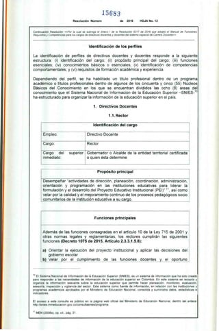 15683
Resolución Número de 2016 HOJA No. 12
Continuación Resolución «Por la cual se subroga el Anexo / de la Resolución 9317 de 2016 que adoptó el Manual de Funciones,
Requisitos y Competencias para los cargos de directivos docentes y docentes de/ sistema especial de Carrera Docente»
Básicos
La identificación
estructura:
esenciales;
comportamentales;
Dependiendo
académico
conocimiento
ha estructurado
Identificación de los perfiles
de perfiles de directivos docentes y docentes responde a la siguiente
(i) identificación del cargo; (ii) propósito principal del cargo; (iii) funciones
(iv) conocimientos básicos o esenciales; (v) identificación de competencias
y (vi) requisitos de formación académica y experiencia.
del perfil, se ha habilitado un título profesional dentro de un programa
o títulos profesionales dentro de algunos de los cincuenta y cinco (55) Núcleos
del Conocimiento en los que se encuentran divididos las ocho (8) áreas
que el Sistema Nacional de Información de la Educación Superior —SNIES- 1°
para organizar la información de la educación superior en el país.
1. Directivos Docentes
1.1. Rector
del
y
y
e
Identificación del cargo
Empleo: Directivo Docente
Cargo: Rector
Cargo del superior
inmediato:
Gobernador o Alcalde de la entidad territorial certificada
o quien ésta determine
Propósito principal
Desempeñar "actividades de dirección, planeación, coordinación, administración,
orientación y programación en las instituciones educativas para liderar la
formulación y el desarrollo del Proyecto Educativo Institucional (PEI)" 11 , así como
velar por la calidad y el mejoramiento continuo de los procesos pedagógicos socio
comunitarios de la institución educativa a su cargo.
Funciones principales
Además de las funciones consagradas en el artículo 10 de la Ley 715 de 2001 y
otras normas legales y reglamentarias, los rectores cumplirán las siguientes
funciones (Decreto 1075 de 2015, Artículo 2.3.3.1.5.8):
a) Orientar la ejecución del proyecto institucional y aplicar las decisiones del
gobierno escolar
b) Velar por el cumplimiento de las funciones docentes y el oportuno
_
de la Educación Superior (SNIES), es un sistema de información que ha sido creado
información de la educación superior en Colombia. En este sistema se recopila
la educación superior que permite hacer planeación, monitoreo, evaluación,
Este sistema como fuente de información, en relación con las instituciones
el Ministerio de Educación Nacional, consolida y suministra datos, estadísticas
en la página web oficial del Ministerio de Educación Nacional, dentro del enlace:
ltasn ies/prog rama.
10 El Sistema Nacional de Información
para responder a las necesidades de
organiza la información relevante sobre
asesoría, inspección y vigilancia del sector.
programas académicos aprobados por
indicadores.
El acceso a esta consulta es público
http://sn ies.m i ned ucacion.gov.co/cons u
11 MEN (2008a), op. cit., pág. 31.
 