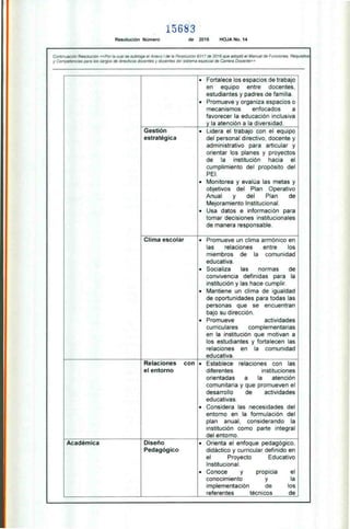 15683
Resolución Número de 2016 HOJA No. 14
Continuación Resolución «Por la cual se subroga el Anexo I de la Resolución 9317 de 2016 que adoptó el Manual de Funciones, Requisitos
y Competencias para los cargos de directivos docentes y docentes del sistema especial de Carrera Docente»
• Fortalece los espacios de trabajo
en equipo entre docentes,
estudiantes y padres de familia.
• Promueve y organiza espacios o
mecanismos enfocados a
favorecer la educación inclusiva
y la atención a la diversidad.
Gestión
estratégica
• Lidera el trabajo con el equipo
del personal directivo, docente y
administrativo para articular y
orientar los planes y proyectos
de la institución hacia el
cumplimiento del propósito del
PEI.
• Monitorea y evalúa las metas y
objetivos del Plan Operativo
Anual y del Plan de
Mejoramiento Institucional.
• Usa datos e información para
tomar decisiones institucionales
de manera responsable.
Clima escolar • Promueve un clima armónico en
las relaciones entre los
miembros de la comunidad
educativa.
• Socializa las normas de
convivencia definidas para la
institución y las hace cumplir.
• Mantiene un clima de igualdad
de oportunidades para todas las
personas que se encuentran
bajo su dirección.
• Promueve actividades
curriculares complementarias
en la institución que motivan a
los estudiantes y fortalecen las
relaciones en la comunidad
educativa.
Relaciones con
el entorno
• Establece relaciones con las
diferentes instituciones
orientadas a la atención
comunitaria y que promueven el
desarrollo de actividades
educativas.
• Considera las necesidades del
entorno en la formulación del
plan anual. considerando la
institución como parte integral
del entorno.
Académica Diseño
Pedagógico
• Orienta el enfoque pedagógico,
didáctico y curricular definido en
el Proyecto Educativo
Institucional.
• Conoce y propicia el
conocimiento y la
implementación de los
referentes técnicos de
 