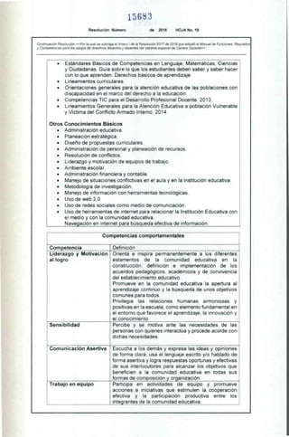 15683
Resolución Número de 2016 HOJA No. 19
Continuación Resdución «Por la cual se subroga el Anexo I de la Resolución 9317 de 2016 que adoptó el Manual de Funciones, Requisitos
y Competencias para los cargos de directivos docentes y docentes del sistema especial de Carrera Docente»
,
• Estándares Básicos de Competencias en Lenguaje, Matemáticas, Ciencias
y Ciudadanas. Guía sobre lo que los estudiantes deben saber y saber hacer
con lo que aprenden. Derechos básicos de aprendizaje.
• Lineamientos curriculares.
• Orientaciones generales para la atención educativa de las poblaciones con
discapacidad en el marco del derecho a la educación.
• Competencias TIC para el Desarrollo Profesional Docente. 2013.
• Lineamientos Generales para la Atención Educativa a población Vulnerable
y Víctima del Conflicto Armado Interno. 2014
Otros Conocimientos Básicos
• Administración educativa.
• Planeación estratégica.
• Diseño de propuestas curriculares.
• Administración de personal y planeación de recursos.
• Resolución de conflictos.
• Liderazgo y motivación de equipos de trabajo.
• Ambiente escolar.
• Administración financiera y contable.
• Manejo de situaciones conflictivas en el aula y en la institución educativa.
• Metodología de investigación.
• Manejo de información con herramientas tecnológicas.
• Uso de web 2.0
• Uso de redes sociales como medio de comunicación.
• Uso de herramientas de internet para relacionar la Institución Educativa con
el medio y con la comunidad educativa.
Navegación en internet para búsqueda efectiva de información.
Competencias comportamentales
Competencia Definición
Liderazgo y Motivación
al logro
Orienta e inspira permanentemente a los diferentes
estamentos de la comunidad educativa en la
construcción, definición e implementación de los
acuerdos pedagógicos, académicos y de convivencia
del establecimiento educativo.
Promueve en la comunidad educativa la apertura al
aprendizaje continuo y la búsqueda de unos objetivos
comunes para todos.
Privilegia las relaciones humanas armoniosas y
positivas en la escuela, como elemento fundamental en
el entorno que favorece el aprendizaje, la innovación y
el conocimiento.
Sensibilidad Percibe y se motiva ante las necesidades de las
personas con quienes interactúa y procede acorde con
dichas necesidades.
Comunicación Asertiva Escucha a los demás y expresa las ideas y opiniones
de forma clara, usa el lenguaje escrito y/o hablado de
forma asertiva y logra respuestas oportunas y efectivas
de sus interlocutores para alcanzar los objetivos que
beneficien a la comunidad educativa en todas sus
formas de composición y organización.
Trabajo en equipo Participa en actividades de equipo y promueve
acciones e iniciativas que estimulen la cooperación
efectiva y la participación productiva entre los
integrantes de la comunidad educativa.
 