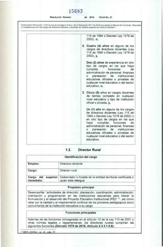 15683
Resolución Número de 2016 HOJA No. 21
Continuación Resolución «Por la cual se subroga el Anexo I de la Resolución 9317 de 2016 que adoptó el Manual de Funciones, Requisitos
y Competencias para los cargos de directivos docentes y docentes del sistema especial de Carrera Docente»
115 de 1994 o Decreto Ley 1278 de
2002), o,
2. Cuatro (4) años en alguno de los
cargos de directivos docentes (Ley
115 de 1994 o Decreto Ley 1278 de
2002), y,
Dos (2) años de experiencia en otro
tipo de cargos en los que haya
cumplido funciones de
administración de personal, finanzas
o planeación de instituciones
educativas oficiales o privadas de
cualquier nivel educativo o del sector
educativo, o,
3. Cinco (5) años en cargos docentes
de tiempo completo en cualquier
nivel educativo y tipo de institución
oficial o privada, y,
Un (1) año en alguno de los cargos
de directivos docentes (Ley 115 de
1994 o Decreto Ley 1278 de 2002) o
en otro tipo de cargos en los que
haya cumplido funciones de
administración de personal, finanzas
o planeación de instituciones
educativas oficiales o privadas de
cualquier nivel educativo o del sector
educativo.
1.2. Director Rural
Identificación del cargo
Empleo: Directivo docente
Cargo: Director rural
Cargo del superior
inmediato:
Gobernador o Acalde de la entidad territorial certificada o
quien éste delegue
Propósito principal
Desempeñar "actividades de dirección, planeación, coordinación, administración,
orientación y programación en las instituciones educativas para liderar la
formulación y el desarrollo del Proyecto Educativo Institucional (PEI)" 12, así como
velar por la calidad y el mejoramiento continuo de los procesos pedagógicos socio
comunitarios de la institución educativa a su cargo.
Funciones principales
Además de las funciones consagradas en el artículo 10 de la Ley 715 de 2001 y
otras normas legales y reglamentarias, los directores rurales cumplirán las
siguientes funciones (Decreto 1075 de 2015, Artículo 2.3.3.1.5.8):
12 MEN (2008a), OP. Cit., PáCi. 31
 