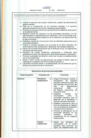 15683
Resolución Número de 2016 HOJA No. 22
Continuación Resolución «Por la cual se subroga el Anexo I de la Resolución 9317 de 2016 que adoptó el Manual de Funciones, Requisitos
y Competencias para los cargos de directivos docentes y docentes del sistema especial de Camera Docente»
a. Orientar la ejecución del proyecto institucional y aplicar las decisiones del
gobierno escolar
b. Velar por el cumplimiento de las funciones docentes y el oportuno
aprovisionamiento de los recursos necesarios para el efecto;
c. Promover el proceso continuo de mejoramiento de la calidad de la educación
en el establecimiento;
d. Mantener activas las relaciones con las autoridades educativas, con los
patrocinadores o auspiciadores de la institución y con la comunidad local,
para el continuo progreso académico de la institución y el mejoramiento de
la vida comunitaria;
e. Establecer canales de comunicación entre los diferentes estamentos de la
comunidad educativa;
f. Orientar el proceso educativo que se presta en el centro educativo, de
conformidad con las orientaciones y decisiones del Consejo Académico;
g. Ejercer las funciones disciplinarias que le atribuyan la Ley, los reglamentos
y el manual de convivencia;
h. Identificar las nuevas tendencias, aspiraciones e influencias para
canalizarlas en favor del mejoramiento del proyecto educativo institucional;
i. Promover actividades de beneficio social que vinculen al establecimiento
con la comunidad local;
j. Aplicar y hacer cumplir las disposiciones que expida el Estado sobre la
organización y prestación del servicio público educativo, y
k. Las demás funciones afines o complementarias con las anteriores que le
atribuya el proyecto educativo institucional".
Descripción de las funciones esenciales
Areas de gestión Competencias Funciones
Directiva Planeación
Organización
• Dirige la formulación, revisión y
actualización del Proyecto
Educativo Institucional (PEI), del
Plan Operativo Anual (POA), del
Plan de Mejoramiento
Institucional (PMI), y
del Sistema Institucional de
Evaluación (SIE).
Establece canales de
comunicación entre la
comunidad educativa para el
desarrollo de la planeación y
dirección del centro educativo.
Establece mecanismos para la
toma de decisiones en relación
con los procesos de planeación
y dirección de la institución.
• Involucra la participación de la
comunidad educativa en las
acciones orientadas al
cumplimiento de los objetivos
instituciona les.
Cultura
institucional
• Diseña una estrategia de
comunicación en el centro
educativo para reconocer los
logros del establecimiento las
 