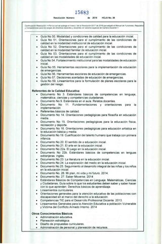 15683
Resolución Número de 2016 HOJA No. 38
Continuación Resolución «Por la cual se subroga el Anexo I de la Resolución 9317 de 2016 que adoptó el Manual de Funciones, Requisitos
y Competencias para los cargos de directivos docentes y docentes del sistema especial de Carrera Docente»
• Guía No 50, Modalidad y condiciones de calidad para la educación inicial.
• Guía No 51, Orientaciones para el cumplimiento de las condiciones de
calidad en la modalidad institucional de educación inicial.
• Guía No 52, Orientaciones para el cumplimiento de las condiciones de
calidad en la modalidad familiar de educación inicial.
• Guía No 53, Orientaciones para el cumplimiento de las condiciones de
calidad en las modalidades de educación inicial.
• Guía No 54, Fortalecimiento institucional para las modalidades de educación
inicial.
• Guía No 55, Herramientas escolares para la implementación de educación
de emergencias.
• Guía No 56, Herramientas escolares de educación de emergencias.
• Guía No 57, Decisiones acertadas de educación de emergencias.
• Guía No 59, Lineamientos para la formulación de planes escolares para la
gestión del riesgo.
Referentes de la Calidad Educativa
• Documento No 3. Estándares básicos de competencias en lenguaje,
matemática, ciencias y competencias ciudadanas.
• Documento No 9. Estándares en el aula. Relatos docentes.
• Documento No 11. Fundamentaciones y orientaciones para la
implementación
• Referentes básicos de calidad.
• Documento No 14. Orientaciones pedagógicas para filosofía en educación
media. .
• Documento No 15. Orientaciones pedagógicas para la educación física,
recreación y deporte.
• Documento No 16. Orientaciones pedagógicas para educación artística en
la educación básica y media.
• Documento No 19. Cualificación del talento humano que trabaja con primera
infancia.
• Documento No 20. El sentido de a educación inicial.
• Documento No 21. El arte en la educación inicial.
• Documento No 22a. El juego en la educación inicial.
• Documento No 22b. Estándares básicos de competencias en lenguas
extranjeras: inglés.
• Documento No 23. La literatura en la educación inicial.
• Documento No 24. La exploración del medio en la educación inicial.
• Documento No 25. Seguimiento al desarrollo integral de las niñas y los niños
en la educación inicial.
• Documento No. 26. Mi plan, mi vida y mi futuro. 2014.
• Documento No. 27. Saber Moverse. 2014
• Estándares Básicos de Competencias en Lenguaje, Matemáticas, Ciencias
y Ciudadanas. Guía sobre lo que los estudiantes deben saber y saber hacer
con lo que aprenden. Derechos básicos de aprendizaje.
• Lineamientos curriculares.
• Orientaciones generales para la atención educativa de las poblaciones con
discapacidad en el marco del derecho a la educación.
• Competencias TIC para el Desarrollo Profesional Docente. 2013.
• Lineamientos Generales para la Atención Educativa a población Vulnerable
y Víctima del Conflicto Armado Interno. 2014
Otros Conocimientos Básicos
• Administración educativa.
• Planeación estratégica.
• Diseño de propuestas curriculares.
• Administración de personal y planeación de recursos.
 