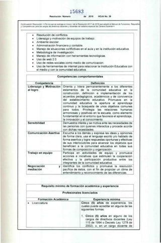 15683
Resolución Número de 2016 HOJA No. 39
Continuación Resolución «Por la cual se subroga el Anexo I de la Resolución 9317 de 2016 que adoptó el Manual de Funciones, Requisitos
y Competencias para los cargos de directivos docentes y docentes del sistema especial de Carrera Docente»
• Resolución de conflictos.
• Liderazgo y motivación de equipos de trabajo.
• Ambiente escolar.
• Administración financiera y contable.
• Manejo de situaciones conflictivas en el aula y en la institución educativa.
• Metodología de investigación.
• Manejo de información con herramientas tecnológicas.
• Uso de web 2.0
• Uso de redes sociales como medio de comunicación.
• Uso de herramientas de internet para relacionar la Institución Educativa con
el medio y con la comunidad educativa.
Competencias comportamentales
Competencia Definición
Liderazgo y Motivación
al logro
Orienta y lidera permanentemente a los diferentes
estamentos de la comunidad educativa en la
construcción, definición e implementación de los
acuerdos pedagógicos, académicos y de convivencia
del establecimiento educativo. Promueve en la
comunidad educativa la apertura al aprendizaje
continuo y la búsqueda de unos objetivos comunes
para todos. Privilegia las relaciones humanas
armoniosas y positivas en la escuela, como elemento
fundamental en el entorno que favorece el aprendizaje,
la innovación y el conocimiento.
Sensibilidad Demuestra interés y se motiva ante las necesidades de
las personas con quienes interactúa y procede acorde
con dichas necesidades.
Comunicación Asertiva Escucha a los demás y expresa las ideas y opiniones
de forma clara, usa el lenguaje escrito y/o hablado de
forma asertiva y logra respuestas oportunas y efectivas
de sus interlocutores para alcanzar los objetivos que
beneficien a la comunidad educativa en todas sus
formas de composición y organización.
Trabajo en equipo Participa en actividades de equipo y promueve
acciones e iniciativas que estimulen la cooperación
efectiva y la participación productiva entre los
integrantes de la comunidad educativa.
Identifica los conflictos y promueve la resolución
pacífica de éstos, con el fin de propiciar un clima de
entendimiento y reconocimiento de las diferencias.
Negociación y
mediación
Requisito mínimo de formación académica y experiencia
Profesionales licenciados
Formación Académica Experiencia mínima
• Licenciatura. Cinco (5) años de experiencia, los
cuales puede acreditar en alguna de las
siguientes formas:
1. Cinco (5) años en alguno de los
cargos de directivos docentes (Ley
115 de 1994 o Decreto Ley 1278 de
2002), o, en un cargo docente de
 