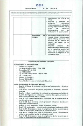 15683
Resolución Número de 2016 HOJA No. 45
Continuación Resolución «Por la cual se subroga el Anexo de la Resolución 9317 de 2016 que adoptó el Manual de Funciones, Requisitos
y Competencias para los cargos de directivos docentes y docentes del sistema especial de Can -era Docente»
desenvuelven las niñas y los
niños.
• Propone y participa en
proyectos educativos
relacionados con la educación
inicial y especificamente con el
grado de transición
conjuntamente con las
instituciones de la comunidad.
Prevención de
riesgos
• Participa en la identificación de
riesgos físicos y psicosociales
de los niños y las niñas para
incluirlos en el manual de
gestión del riesgo de la
institución.
• Propone acciones de
seguridad para que se incluyan
en el manual de gestión del
riesgo de la institución, que
favorezcan la integridad de los
niños y las niñas.
Conocimientos básicos o esenciales
Conocimiento de la Normatividad
• Decreto 2277 de 1979
• Ley General de Educación 115 de 1994.
• Decreto Ley 1278 de 2002
• Ley 1098 de 2006
• Ley 1620 de 2013 y Decreto 1965 de 2013
• Ley 1732 de 2014
• Decreto 1075 de 2015.
• Decreto 1038 de 2015
• Manual de Convivencia de la Institución Educativa
Guías del Ministerio de Educación Nacional
• Guía No 3, Manual de evaluación del desempeño de docentes y directivos
docentes.
• Guía No 10, Evaluación del periodo de prueba de docentes y directivos
docentes.
• Guía No 31, Guía metodológica de evaluación anual de desempeño laboral.
• Guía No 33, Organización del sistema educativo. Conceptos generales de
la educación preescolar, básica y media.
• Guía 34. Guía para el mejoramiento institucional. De la autoevaluación al
plan de mejoramiento.
• Guía No 35. Guía operativa para la prestación del servicio de Atención
Integral a la Primera Infancia
• Guía No 49, Guía pedagógica para la convivencia escolar.
• Guía N° 50, Modalidades y condiciones de calidad para la educación inicial
• Guía No 51. Orientaciones para el cumplimiento de las condiciones de
calidad en la modalidad institucional de educación inicial.
• Guía No 52. Orientaciones para el cumplimiento de las condiciones de
calidad en la modalidad familiar de educación inicial.
• Guía No 53, Orientaciones para el cumplimiento de las condiciones de
calidad en las modalidades de educación inicial.
 