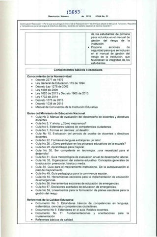15683
Resolución Número de 2016 HOJA No 51
Continuación Resolución «Por la cual se subroga el Anexo I de la Resolución 9317 de 2016 que adopto el Manual de Funciones Requisitos
y Competencias para los cargos de directivos docentes y docentes del sistema especial de Carrera Docente»
de los estudiantes de primaria
para incluirlos en el manual de
gestión del riesgo de la
institución.
• Propone acciones de
seguridad para que se incluyan
en el manual de gestión del
riesgo de la institución, que
favorezcan la integridad de los .
estudiantes.
Conocimientos básicos o esenciales
Conocimiento de la Normatividad
• Decreto 2277 de 1979
• Ley General de Educación 115 de 1994.
• Decreto Ley 1278 de 2002
• Ley 1098 de 2006
• Ley 1620 de 2013 y Decreto 1965 de 2013.
• Ley 1732 de 2014
• Decreto 1075 de 2015.
• Decreto 1038 de 2015
• Manual de Convivencia de la Institución Educativa
Guías del Ministerio de Educación Nacional
• Guía No 3, Manual de evaluación del desempeño de docentes y directivos
docentes.
• Guía No 5. Y ahora. ¿Cómo mejoramos?
• Guía No 6. Estándares básicos de competencias ciudadanas.
• Guía No 7. Formas en ciencias: ¡el desafío!
• Guía No 10, Evaluación del periodo de prueba de docentes y directivos
docentes.
• Guía No 22. Formas en lenguas extranjeras: ¡el reto!
• Guía No 26. ¿Cómo participar en los procesos educativos de la escuela?
• Guía No 28. Aprendizajes para mejorar.
• Guía No 30. Ser competente en tecnología: ¡una necesidad para el
desarrollo!
• Guía No 31, Guía metodológica de evaluación anual de desempeño laboral.
• Guía No 33. Organización del sistema educativo. Conceptos generales de
la educación preescolar. básica y media.
• Guia 34. Guía para el mejoramiento institucional. De la autoevaluación al
plan de mejoramiento.
• Guía No 49. Guia pedagógica para la convivencia escolar.
• Guía No 55. Herramientas escolares para la implementación de educación
de emergencias.
• Guía No 56, Herramientas escolares de educación de emergencias.
• Guía No 57, Decisiones acertadas de educación de emergencias.
• Guía No 59, Lineamientos para la formulación de planes escolares para la
gestión del riesgo.
Referentes de la Calidad Educativa
• Documento No 3. Estándares básicos de competencias en lenguaje,
matemática. ciencias y competencias ciudadanas.
• Documento No 9. Estándares en el aula. Relatos docentes.
• Documento No 11. Fundamentaciones y orientaciones para la
implementación
• Referentes básicos de calidad
 
