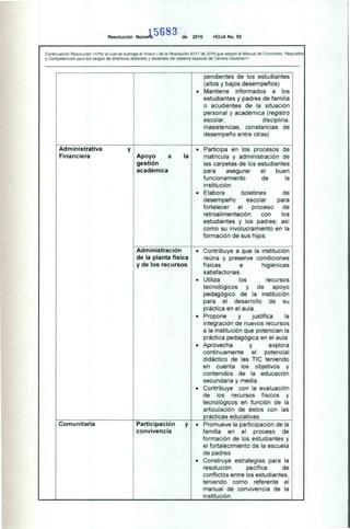 Resolución Númei
1
.
5683
de 2016 HOJA No. 55
Continuación Resolución <<Por la cual se subroga el Anexo 1 de la Resolución 9317 de 2016 que adoptó el Manual de Funciones Requisltw.
y Competencias para los cargos de directivos docentes y docentes del sistema especial de Carrera Docente»
pendientes de los estudiantes
(altos y bajos desempeños)
• Mantiene informados a los
estudiantes y padres de familia
o acudientes de la situación
personal y académica (registro
escolar, disciplina.
inasistencias. constancias de
desempeño entre otras)
Administrativa y
Financiera Apoyo a la
gestión
académica
• Participa en los procesos de
matrícula y administración de
las carpetas de los estudiantes
para asegurar el buen
funcionamiento de la
institución.
• Elabora boletines de
desempeño escolar para
fortalecer el proceso de
retroalimentación con los
estudiantes y los padres; así
como su involucramiento en la
formación de sus hijos.
Administración
de la planta física
y de los recursos
• Contribuye a que la institución
reúna y preserve condiciones
físicas e higiénicas
satisfactorias.
• Utiliza los recursos
tecnológicos y de apoyo
pedagógico de la institución
para el desarrollo de su
práctica en el aula.
• Propone y justifica la
integración de nuevos recursos
a la institución que potencian la
práctica pedagógica en el aula.
• Aprovecha y explora
continuamente el potencial
didáctico de las TIC teniendo
en cuenta los objetivos y
contenidos de la educación
secundaria y media.
• Contribuye con la evaluación
de los recursos físicos y
tecnológicos en función de la
articulación de éstos con las
•rácticas educativas.
Comunitaria Participación y
convivencia
• Promueve la participación de la
familia en el proceso de
formación de los estudiantes y
el fortalecimiento de la escuela
de padres
• Construye estrategias para la
resolución pacífica de
conflictos entre los estudiantes,
teniendo como referente el
manual de convivencia de la
institución.
 
