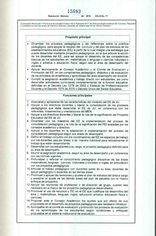 15683
Resolución Número de 2016 HOJA No. 71
Continuación Resolución «Por la cual se subroga el Anexo I de la Resolución 9317 de 2016 que adoptó el Manual de Funciones, Requisitos
y Competencias para los cargos de directivos docentes y docentes del sistema especial de Carrera Docente»
Propósito principal
• Dinamizar los procesos pedagógicos y las reflexiones sobre la práctica
pedagógica, para apoyar la revisión del currículo y del plan de estudios de los
establecimientos educativos (EE); a partir de lo cual integre una estrategia que
puede desarrollar mediante proyectos pedagógicos, en la que articule la acción
de los docentes del EE, para así apoyar el desarrollo de las competencias
básicas de los estudiantes en, matemáticas o lenguaje o ciencias naturales o
inglés o artística o educación física, según sea el área de desempeño del
docente.
• Apoyar técnicamente al Consejo Académico y al Comité de Evaluación y
Promoción del EE, en los componentes pedagógico, didáctico y de evaluación
de los procesos de enseñanza y aprendizaje del área desempeño del docente.
• Cumplir la asignación académica y trabajo directo con estudiantes; así como
desarrollar actividades curriculares complementarias de la función educativa,
definidas en el Decreto Ley 1278 de 2002 o Estatuto de Profesionalización
Docente y el Decreto 1075 de 2015 o Decreto Único del Sector Educativo.
Funciones principales
1. Acercarse y apropiarse de las características del contexto del EE de JU.
2. Apoyar a los directivos docentes y liderar la consolidación de los procesos
pedagógicos que debe desarrollar el EE de JU, en coherencia con los
referentes, lineamientos y orientaciones del MEN.
3. Apoyar a los directivos docentes y liderar la ruta de re significación del Proyecto
Educativo del EE de JU.
4. Dinamizar con los maestros del EE la implementación del proceso de
consolidación pedagógica y la ruta de re significación del PEI avaladas por los
consejos académico y directivo.
5. Apoyar a los docentes en la adaptación e implementación del proceso de
consolidación pedagógica según sus áreas de desempeño.
6. Definir en trabajo conjunto con los coordinadores del EE los espacios de trabajo
con los docentes, sea por áreas o de manera individual para retroalimentar el
trabajo que están desarrollando.
7. Desarrollar con los estudiantes a su cargo, el proyecto pedagógico definido para
su área de desempeño.
8. Asumir la asignación académica, según su área de desempeño y en coherencia
con las normas vigentes.
9. Profundizar y reforzar el conocimiento pedagógico disciplinar de las áreas
matemáticas, lenguaje, ciencias (naturales y sociales) o inglés, en articulación
con los proyectos pedagógicos.
10.Articular el trabajo pedagógico con docentes pares de su área, docentes de
apoyo pedagógico o docentes en las demás áreas.
11. Promover y apoyar las revisiones y ajustes al plan de estudios del área a cargo
y asesorar el ajuste de las demás áreas del plan de estudios con el mismo
enfoque de proyectos.
12.Apoyar las reuniones de profesores o de dirección de grupo, cuando sea
necesario en el marco de los proyectos pedagógicos desarrollados.
13. Promover el uso de recursos y TIC en el EE que cualifique los desarrollos del
área (, matemáticas, lenguaje, inglés, educación artística, educación física o
ciencias).
14. Proponer ante el Consejo Académico los ajustes que por efecto de sus
propuestas en el desarrollo de proyectos pedagógicos sea necesario introducir.
15.Acompañar en el comité de evaluación y promoción los procesos de evaluación
de los aprendizajes de los estudiantes según condiciones y enfoques
propuestos en el sistema institucional de evaluación
 