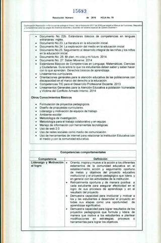 15683
Resolución Número de 2016 HOJA No. 78
Continuación Resolución «Por la cual se subroga el Anexo I de la Resolución 9317 de 2016 que adoptó el Manual de Funciones, Requisitos
y Competencias para los cargos de directivos docentes y docentes del sistema especial de Carrera Docente»
Otros
• Documento No 22b. Estándares básicos de competencias en lenguas
extranjeras: inglés.
• Documento No 23. La literatura en la educación inicial.
• Documento No 24. La exploración del medio en la educación inicial.
• Documento No 25. Seguimiento al desarrollo integral de las niñas y los niños
en la educación inicial.
• Documento No. 26. Mi plan, mi vida y mi futuro. 2014.
• Documento No. 27. Saber Moverse. 2014
• Estándares Básicos de Competencias en Lenguaje, Matemáticas, Ciencias
y Ciudadanas. Guía sobre lo que los estudiantes deben saber y saber hacer
con lo que aprenden. Derechos básicos de aprendizaje.
• Lineamientos curriculares.
• Orientaciones generales para la atención educativa de las poblaciones con
discapacidad en el marco del derecho a la educación.
• Competencias TIC para el Desarrollo Profesional Docente. 2013.
• Lineamientos Generales para la Atención Educativa a población Vulnerable
y Víctima del Conflicto Armado Interno. 2014
Conocimientos Básicos
• Formulación de proyectos pedagógicos.
• Diseño de propuestas curriculares.
• Liderazgo y motivación de equipos de trabajo.
• Ambiente escolar
• Metodología de investigación.
• Metodología para el trabajo colaborativo y en equipo.
• Manejo de información con herramientas tecnológicas.
• Uso de web 2.0
• Uso de redes sociales como medio de comunicación.
• Uso de herramientas de internet para relacionar la Institución Educativa con
el medio y con la comunidad educativa.
Competencias comportamentales
Competencia Definición
al
Liderazgo y Motivación
logro
• Orienta, inspira y mueve a la acción a los diferentes
estamentos de la comunidad educativa en el
establecimiento, acción y seguimiento oportuno
de metas y objetivos del proyecto educativo
institucional y el proyecto pedagógico que lidera, y
en general con las actividades de la institución.
• Retroalimenta oportuna y de manera positiva a
cada estudiante para asegurar efectividad en el
logro de sus procesos de aprendizaje y en el
resultado del proyecto.
• Demuestra capacidad para involucrar y motivar a
los y las estudiantes a desarrollar el proyecto en
todas sus etapas como una oportunidad de
aprendizaje significativo.
• Demuestra capacidad para lograr resultados de los
proyectos pedagógicos que formula y lidera, de
manera que motiva a los estudiantes a plantear
modificaciones en estrategias, procesos o
herramientas para lograr los objetivos.
 