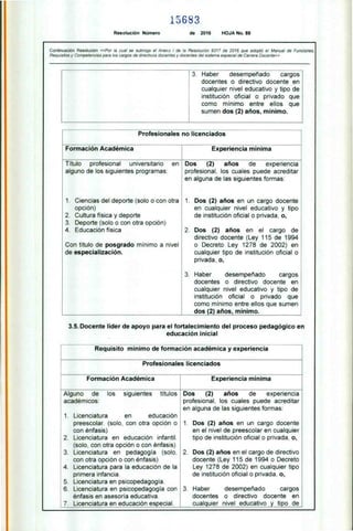 Haber desempeñado cargos
docentes o directivo docente en
cualquier nivel educativo y tipo de
institución oficial o privado que
como mínimo entre ellos que
sumen dos (2) años, mínimo.
3
Profesionales no licenciados
Formación Académica Experiencia mínima
Título profesional universitario en
alguno de los siguientes programas:
1. Ciencias del deporte (solo o con otra
opción)
2. Cultura física y deporte
3. Deporte (solo o con otra opción)
4. Educación física
Con título de posgrado mínimo a nivel
de especialización.
Dos (2) años de experiencia
profesional, los cuales puede acreditar
en alguna de las siguientes formas:
1. Dos (2) años en un cargo docente
en cualquier nivel educativo y tipo
de institución oficial o privada, o,
2. Dos (2) años en el cargo de
directivo docente (Ley 115 de 1994
o Decreto Ley 1278 de 2002) en
cualquier tipo de institución oficial o
privada, o,
3. Haber desempeñado cargos
docentes o directivo docente en
cualquier nivel educativo y tipo de
institución oficial o privado que
como mínimo entre ellos que sumen
dos (2) años, mínimo.
15683
Resolución Número de 2016 HOJA No. 88
Continuación Resolución «Por la cual se subroga el Anexo 1 de la Resolución 9317 de 2016 que adoptó el Manual de Funciones,
Requisitos y Competencias para los cargos de directivos docentes y docentes del sistema especial de Carrera Docente»
3.5. Docente líder de apoyo para el fortalecimiento del proceso pedagógico en
educación inicial
Requisito mínimo de formación académica y experiencia
Profesionales licenciados
Formación Académica Experiencia mínima
Alguno de los siguientes títulos
académicos:
1. Licenciatura en educación
preescolar. (solo, con otra opción o
con énfasis)
2. Licenciatura en educación infantil.
(solo, con otra opción o con énfasis)
3. Licenciatura en pedagogía (solo,
con otra opción o con énfasis)
4. Licenciatura para la educación de la
primera infancia.
5. Licenciatura en psicopedagogía.
6. Licenciatura en psicopedagogía con
énfasis en asesoría educativa.
7. Licenciatura en educación especial.
Dos (2) años de experiencia
profesional, los cuales puede acreditar
en alguna de las siguientes formas:
1. Dos (2) años en un cargo docente
en el nivel de preescolar en cualquier
tipo de institución oficial o privada, o,
2. Dos (2) años en el cargo de directivo
docente (Ley 115 de 1994 o Decreto
Ley 1278 de 2002) en cualquier tipo
de institución oficial o privada, o,
3. Haber desempeñado cargos
docentes o directivo docente en
cualquier nivel educativo y tipo de
 